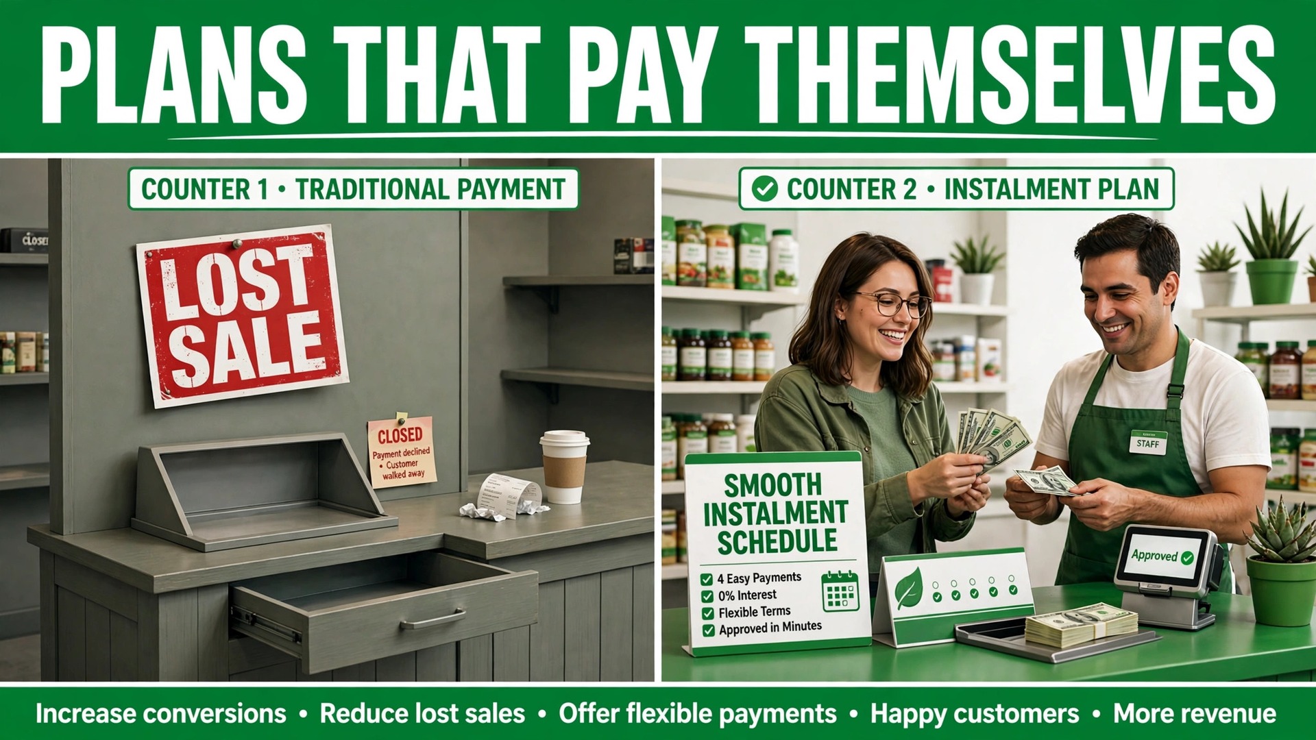 How to offer payment plans small business thumbnail comparing a lost sale with a smooth instalment plan