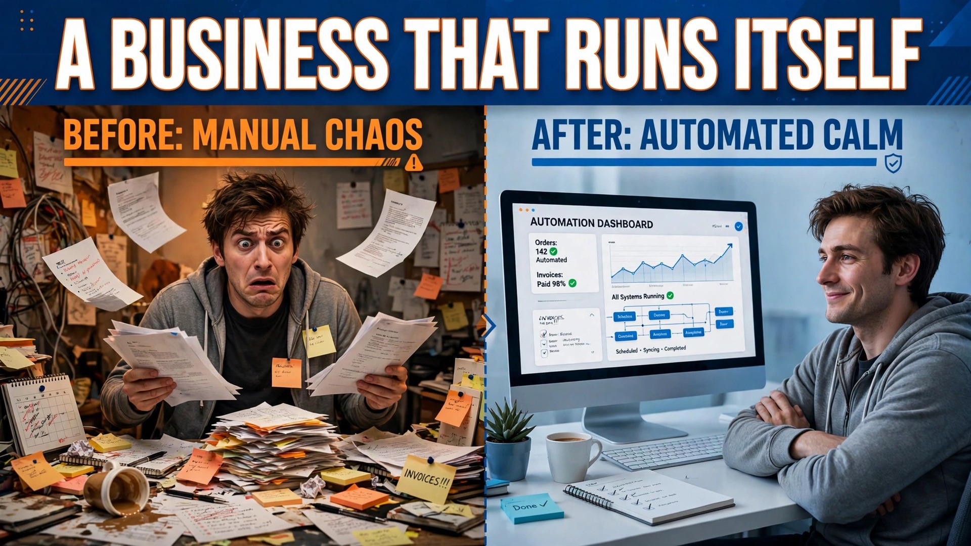 How to systemize a service business small business thumbnail comparing an overwhelmed owner with a calm system driven business