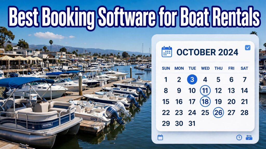 best booking software for boat rentals thumbnail: single panel hook-first title over a marina fleet calendar with boats and high contrast title text