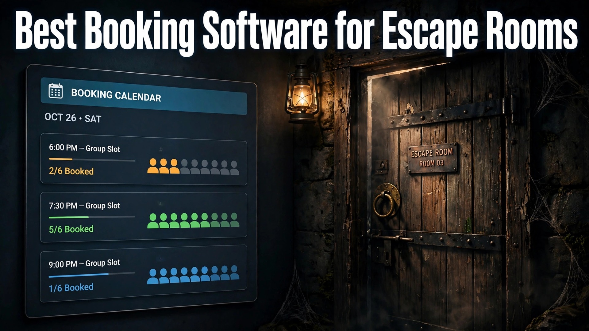 best booking software for escape rooms thumbnail: an escape room door beside a booking calendar with group slots
