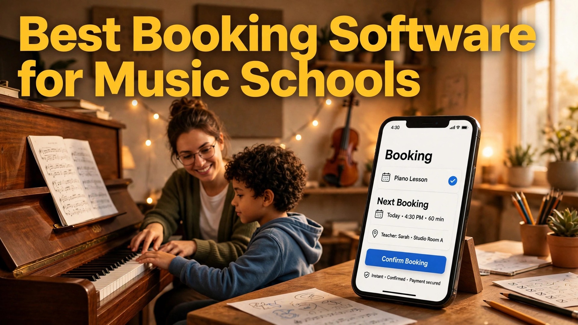 Best booking software for music schools thumbnail showing a lesson and phone booking