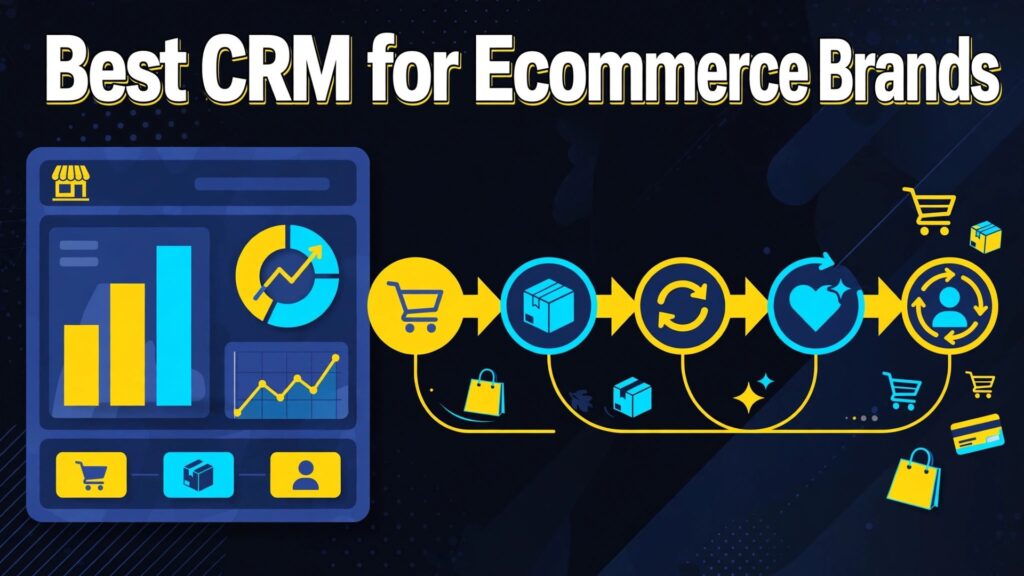 best CRM for ecommerce brands small business thumbnail: a small online store dashboard beside a repeat customer order path