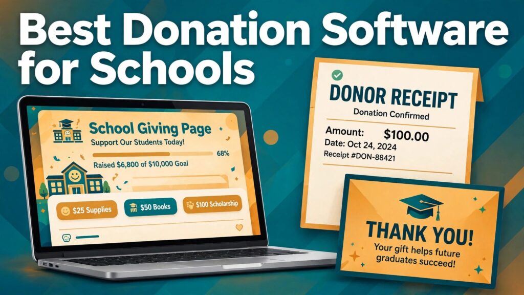 best donation software for schools thumbnail: a school giving page beside a donor receipt and thank you note