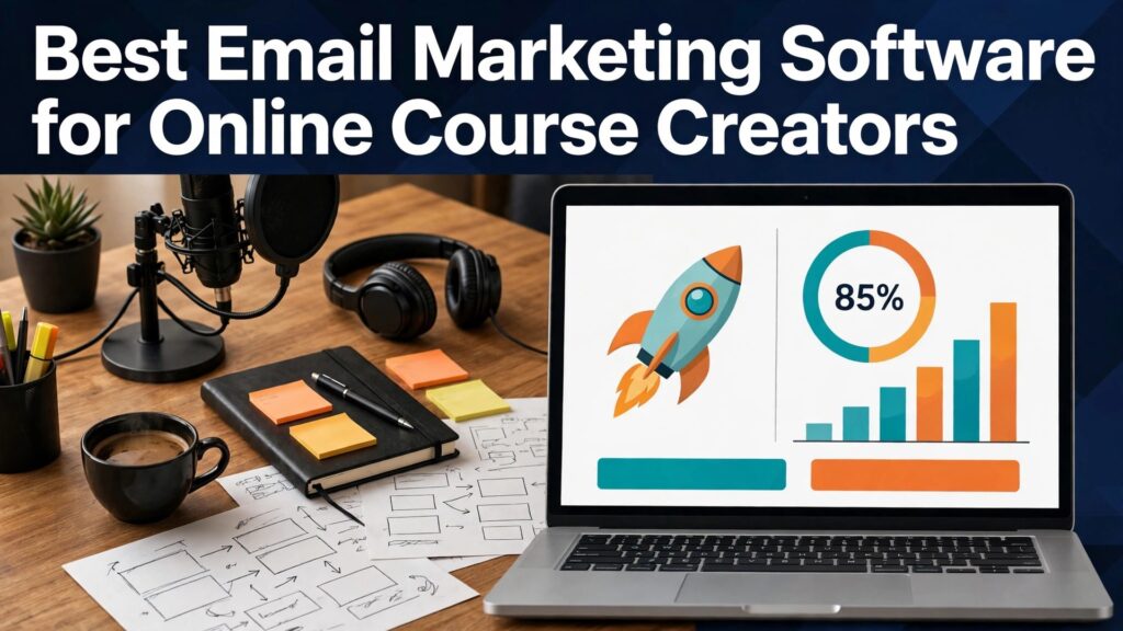 Best email marketing software for online course creators thumbnail showing a creator desk and launch screen