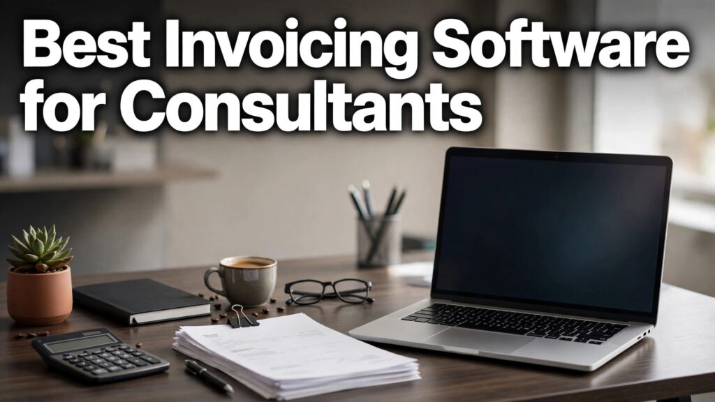 best invoicing software for consultants thumbnail: single panel hook-first title over a consultant invoice desk with laptop and high contrast title text