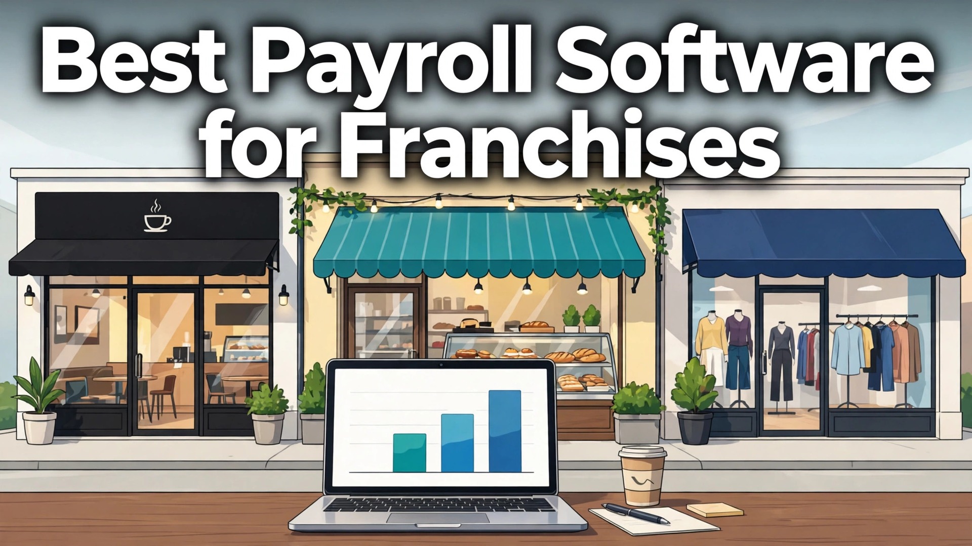 Best payroll software for franchises small business guide thumbnail with shopfronts and payroll reports