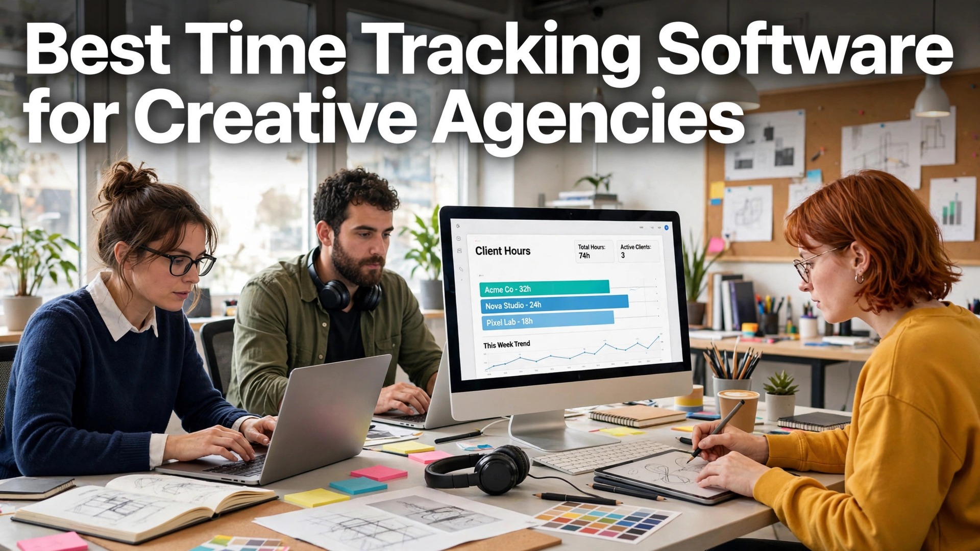 Best time tracking software for creative agencies guide thumbnail with designers and dashboard