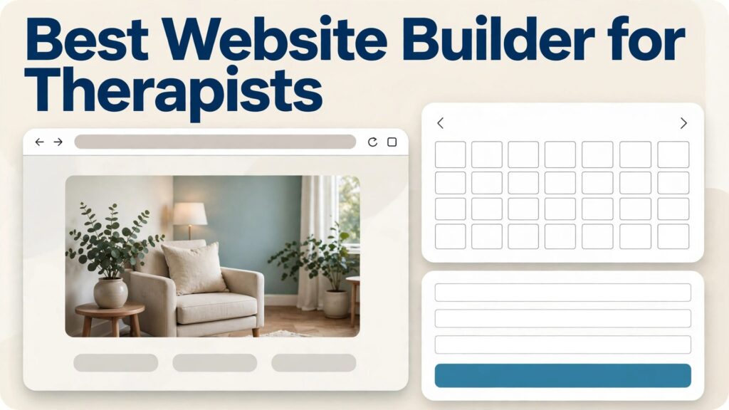best website builder for therapists thumbnail: a calm therapy practice site beside a booking calendar and intake form