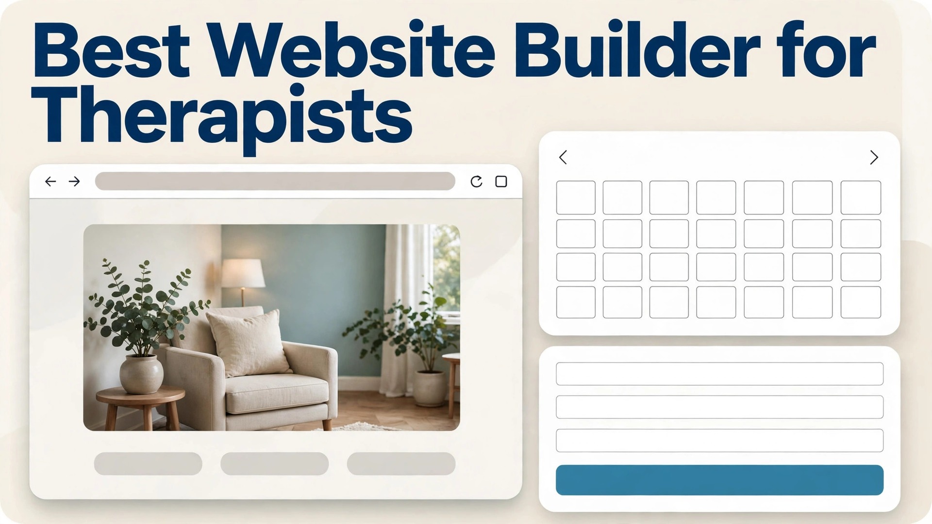 best website builder for therapists thumbnail: a calm therapy practice site beside a booking calendar and intake form