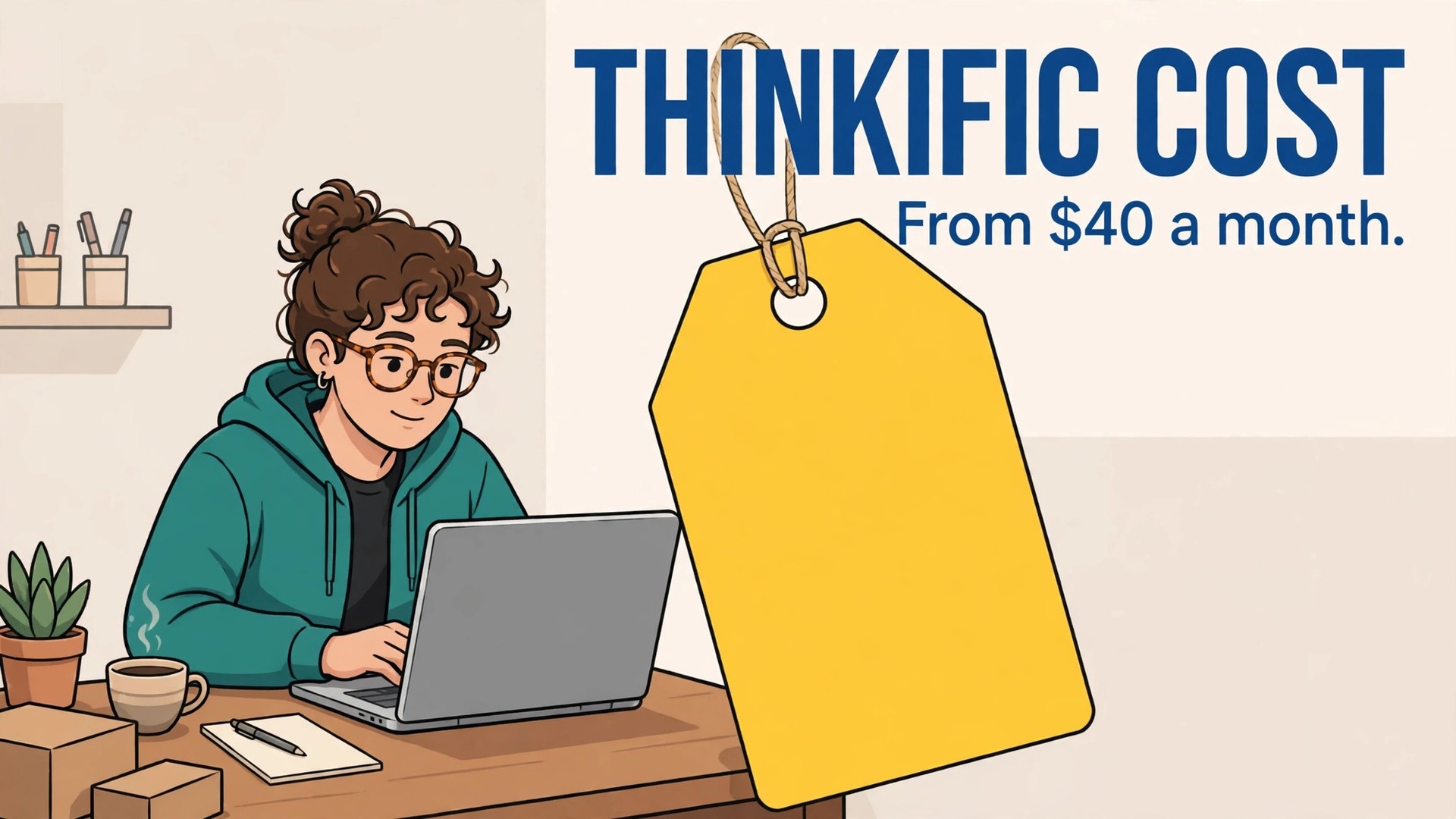 cost of Thinkific for small business monthly thumbnail: course price tag beside a small business owner at a laptop