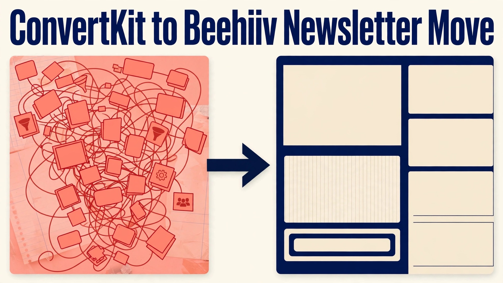 switch ConvertKit to Beehiiv small business thumbnail: funnel workspace beside newsletter publication homepage