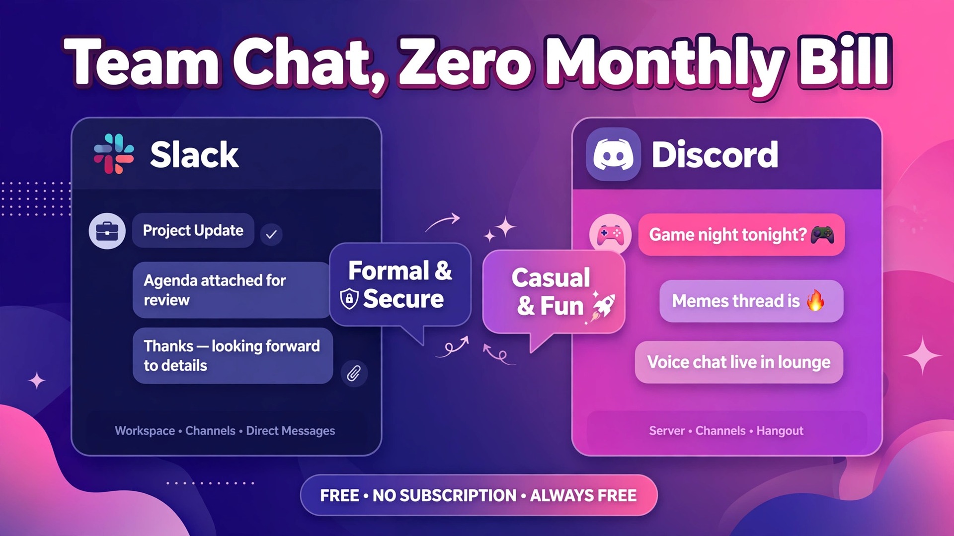 switch Slack to Discord small team thumbnail: comparison concept showing two chat workspaces facing each other, one business styled and one community styled