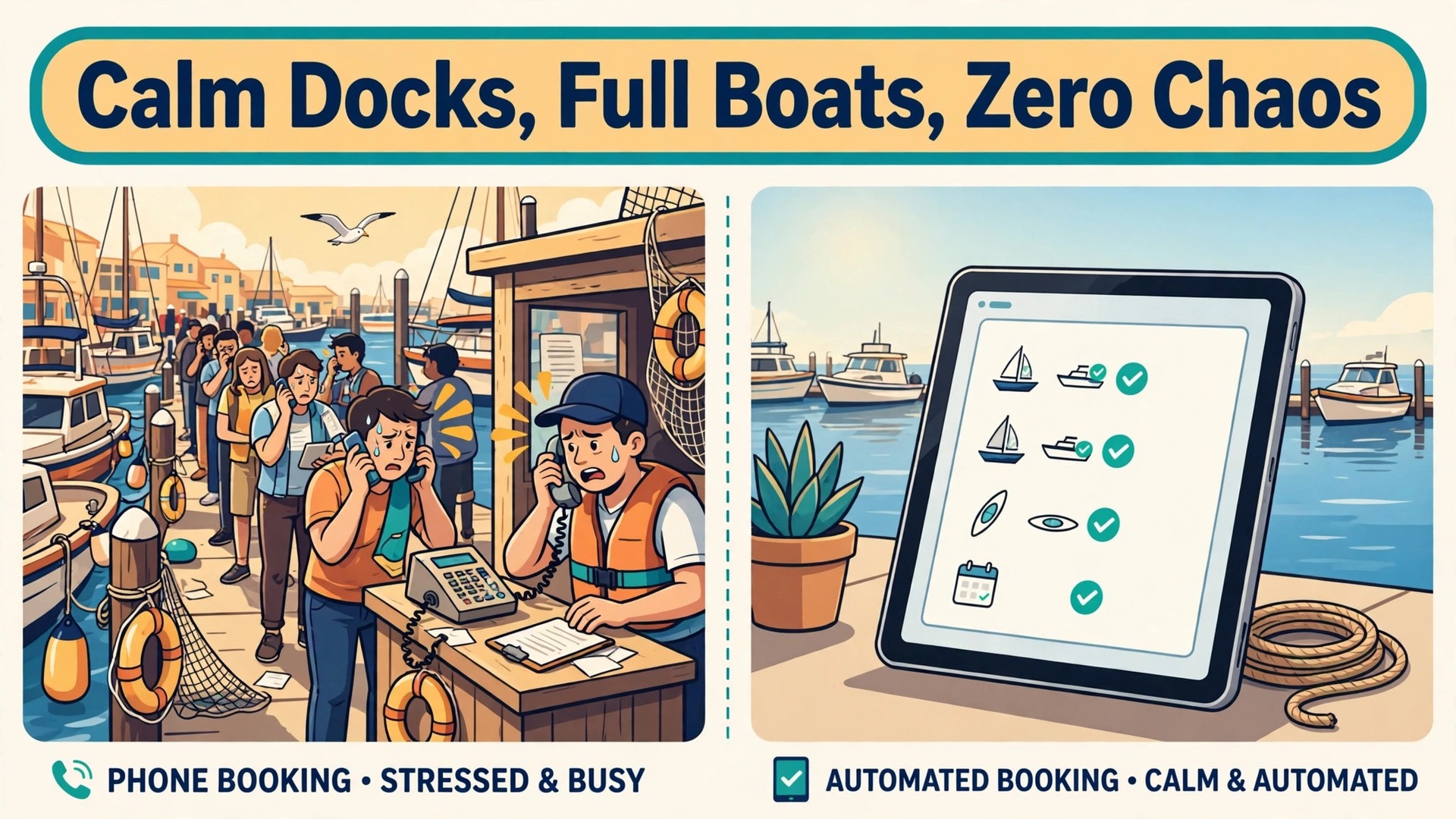 use AI for boat rental booking management thumbnail: Manual dock work versus automated booking for boat rentals