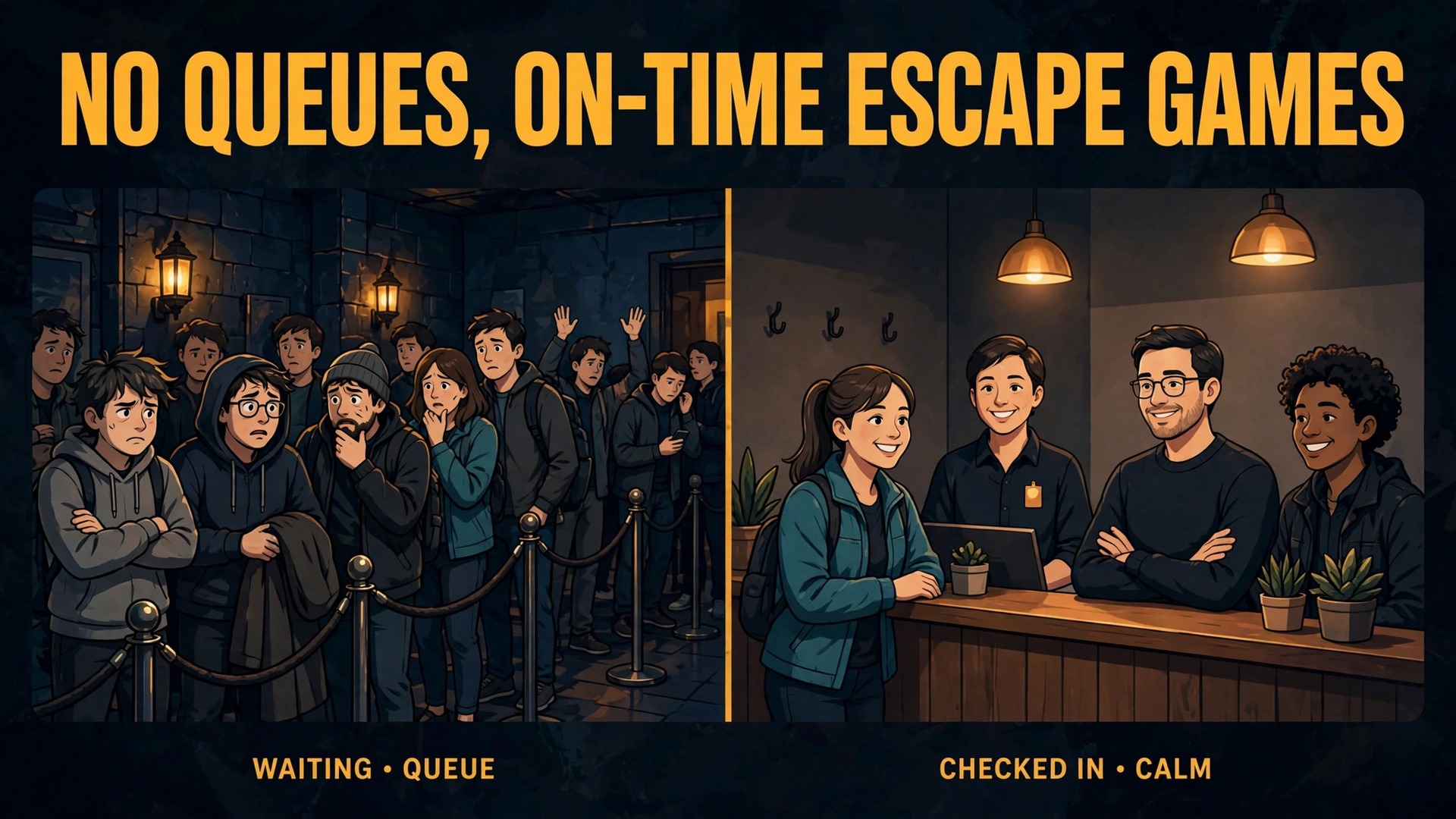 use AI for escape room booking management thumbnail: Chaotic lobby versus calm check in for escape rooms