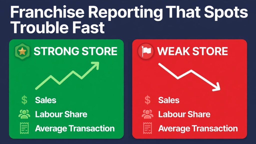 use AI for franchise owner multi-location reporting thumbnail: ranked multi-location dashboard with one strong store and one weak store side by side in bold colours