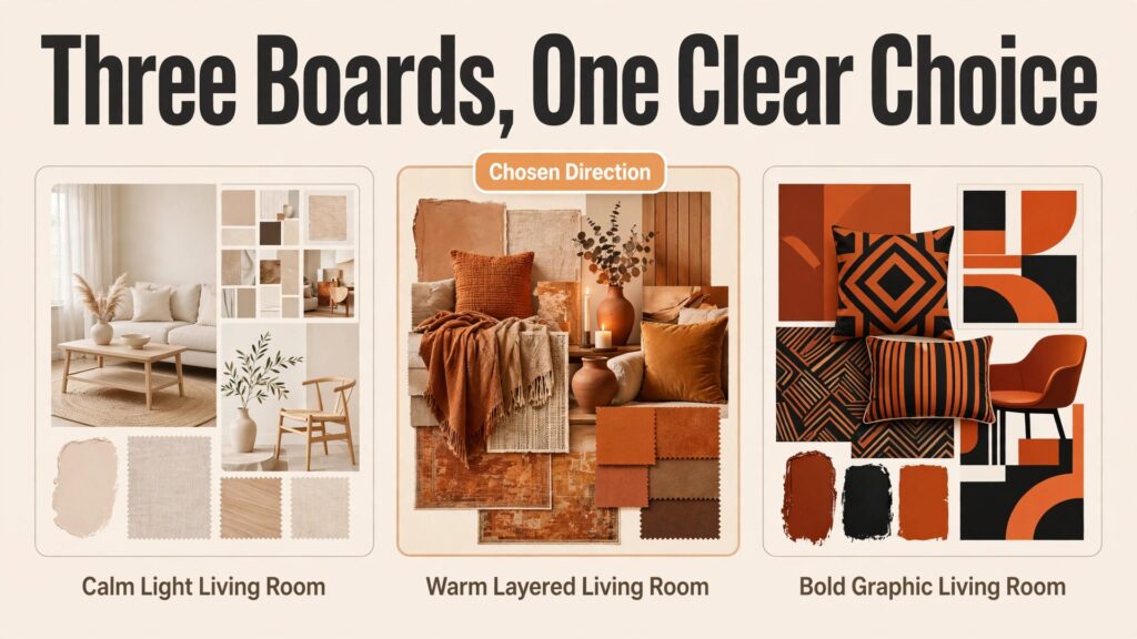 use AI for interior designer client presentation workflow thumbnail: three interior mood boards side by side with one clearly marked as the chosen direction in warm colours
