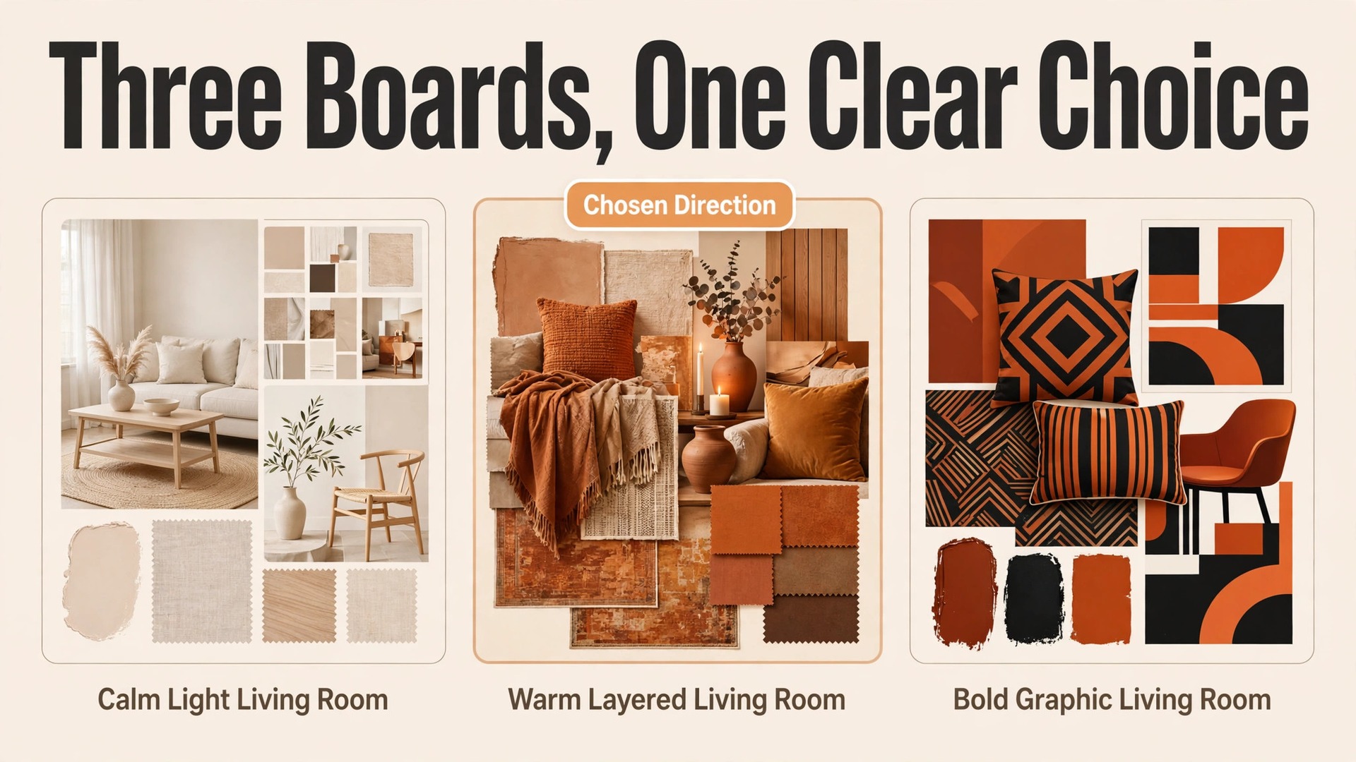 use AI for interior designer client presentation workflow thumbnail: three interior mood boards side by side with one clearly marked as the chosen direction in warm colours