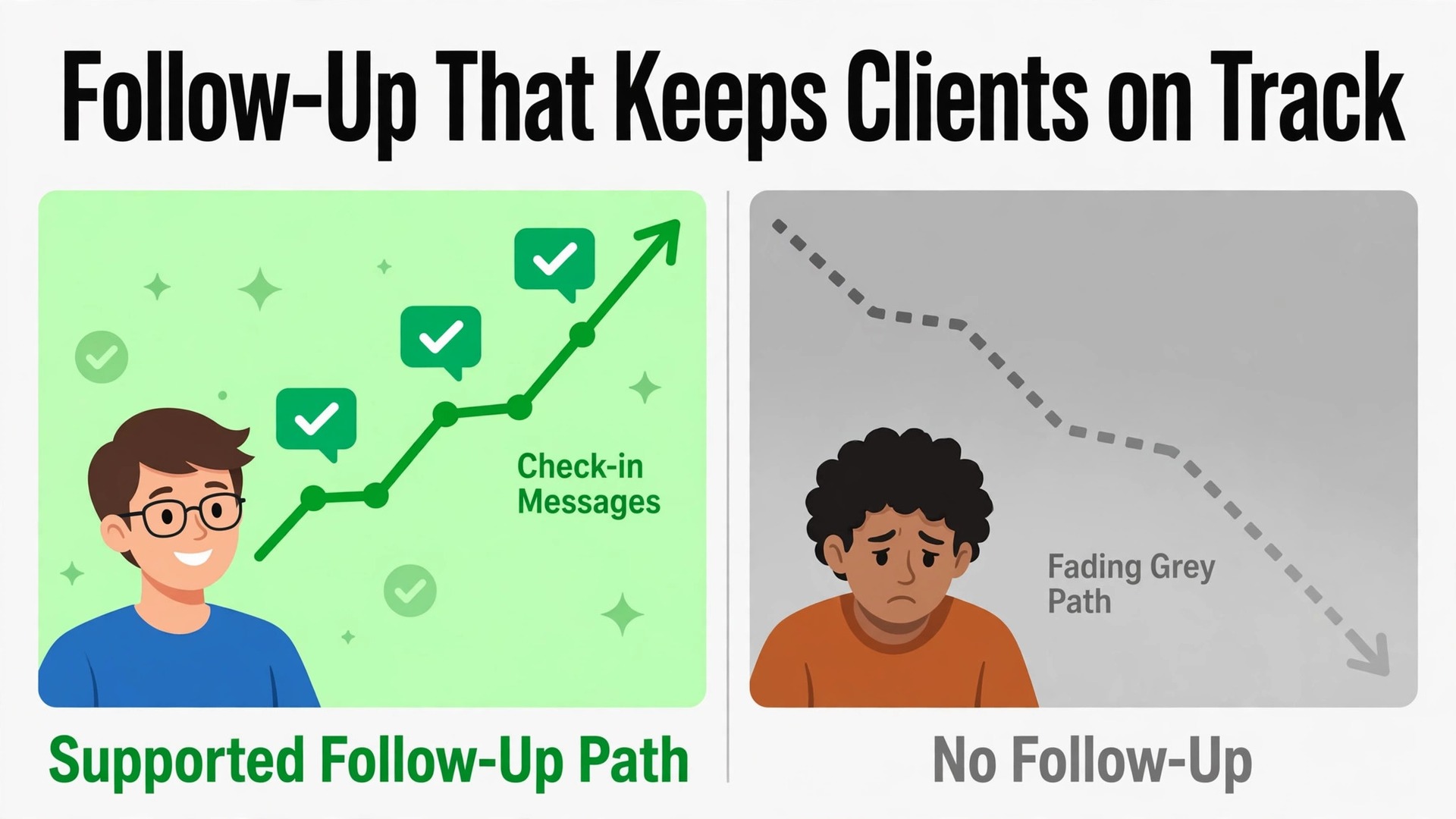 use AI for nutritionist meal plan client follow-up thumbnail: two clients side by side, one with a supported follow-up path and one without, in clear bright colours