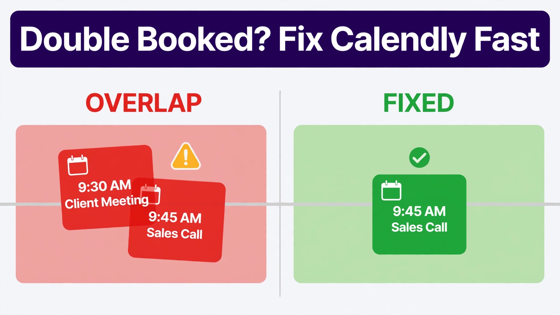 fix Calendly double booking small business thumbnail: hook-first thumbnail title over two overlapping calendar bookings beside one clean booking