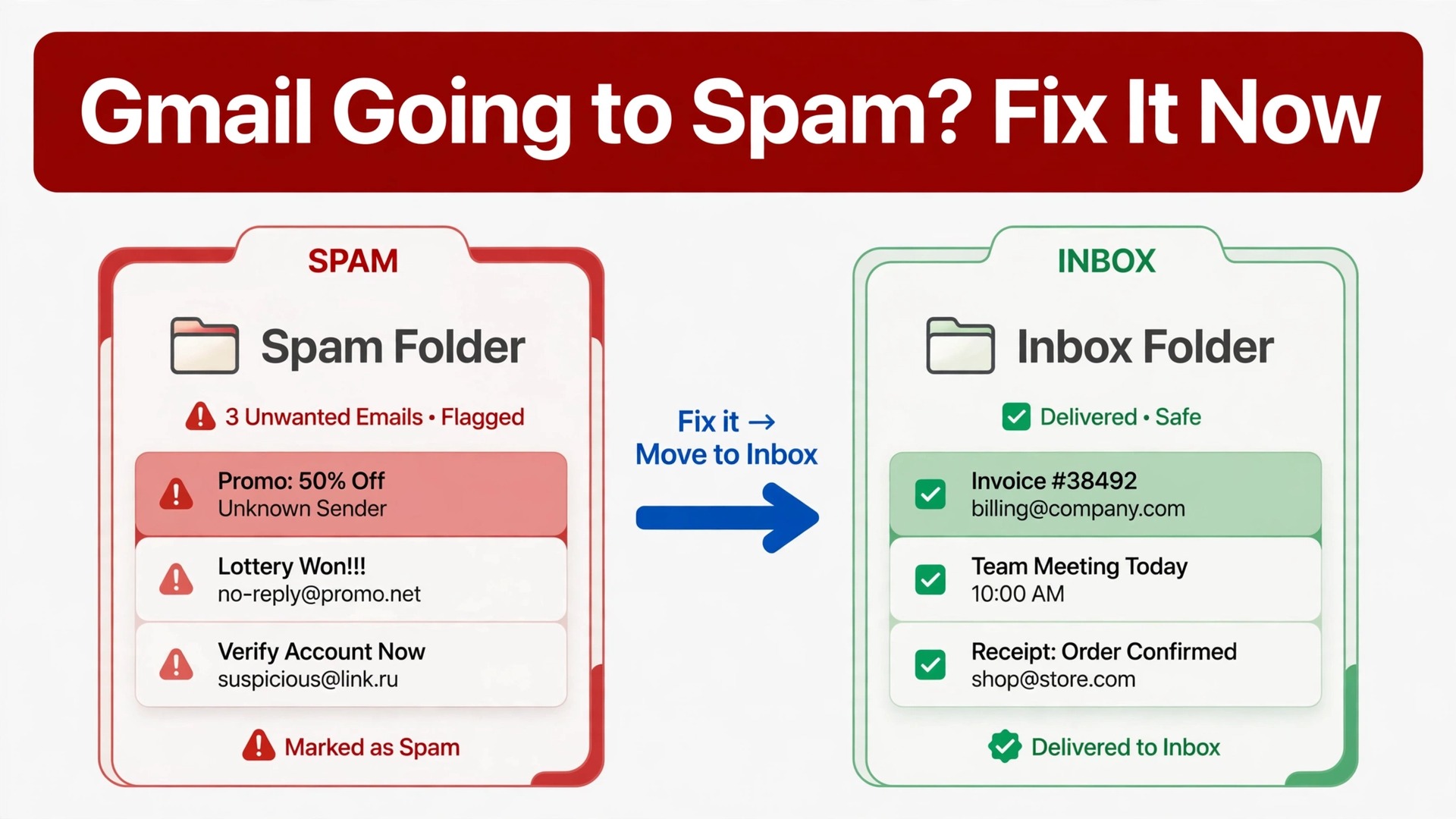 fix Gmail going to spam small business thumbnail: hook-first thumbnail title over a Gmail spam folder beside an inbox folder
