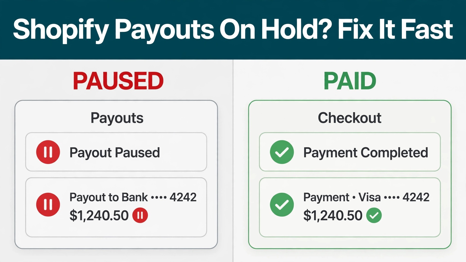 fix Shopify payments on hold small store thumbnail: hook-first thumbnail title over a paused payout screen beside a working checkout screen