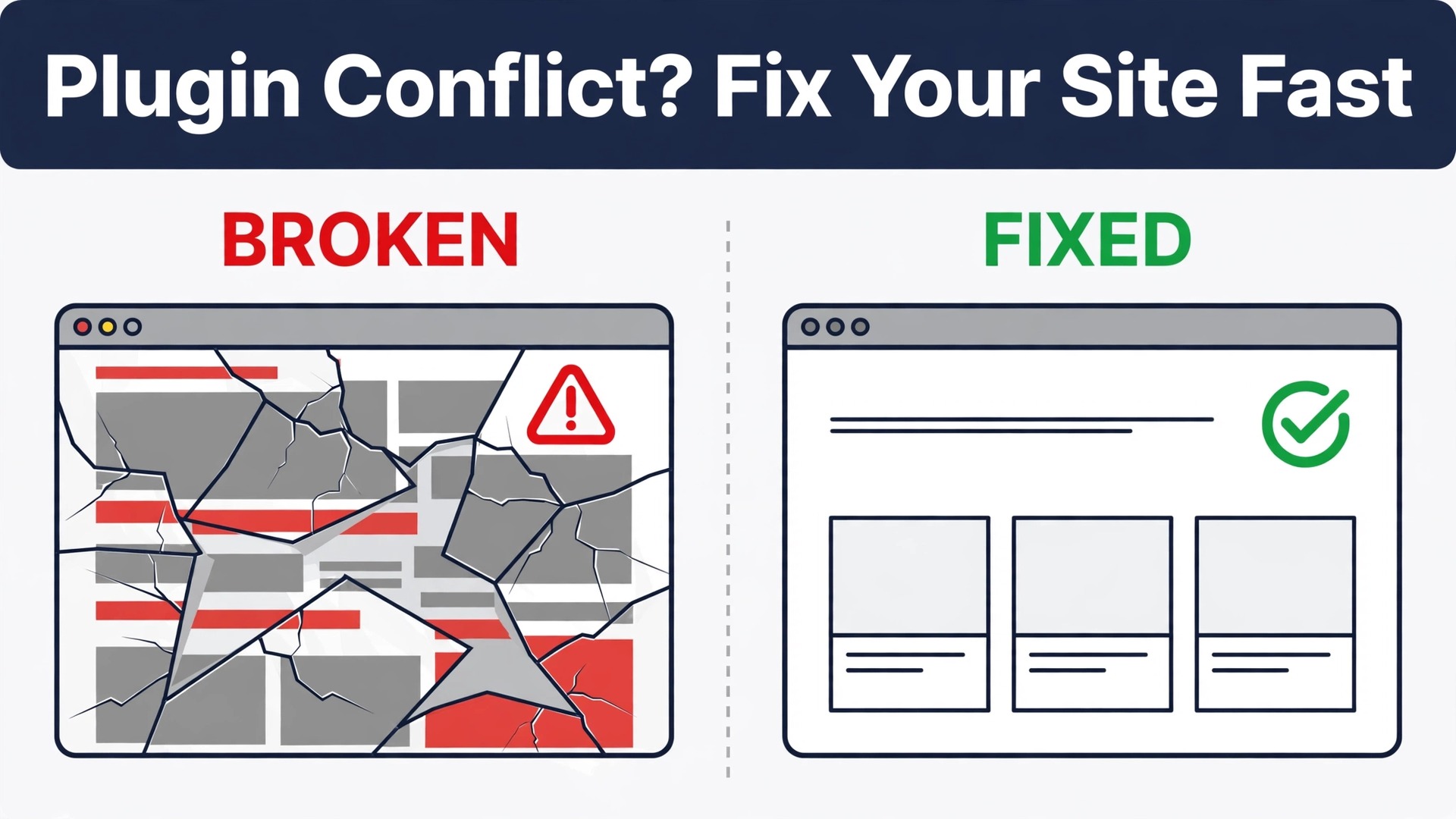 fix WordPress plugin conflict small business thumbnail: hook-first thumbnail title over a broken website screen beside a repaired website screen