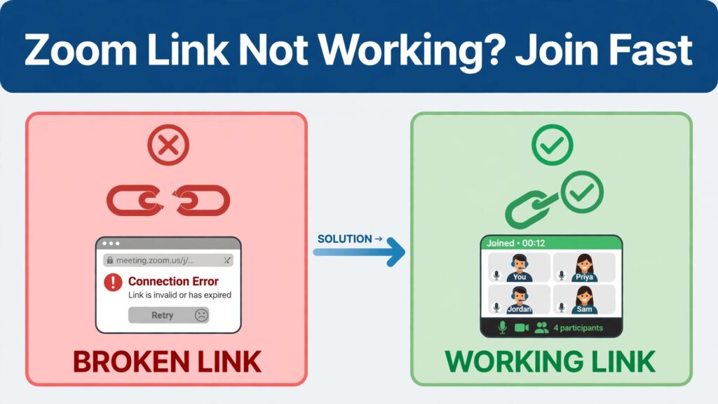 fix Zoom meeting link not working small team thumbnail: hook-first thumbnail title over a broken meeting link beside a working meeting link