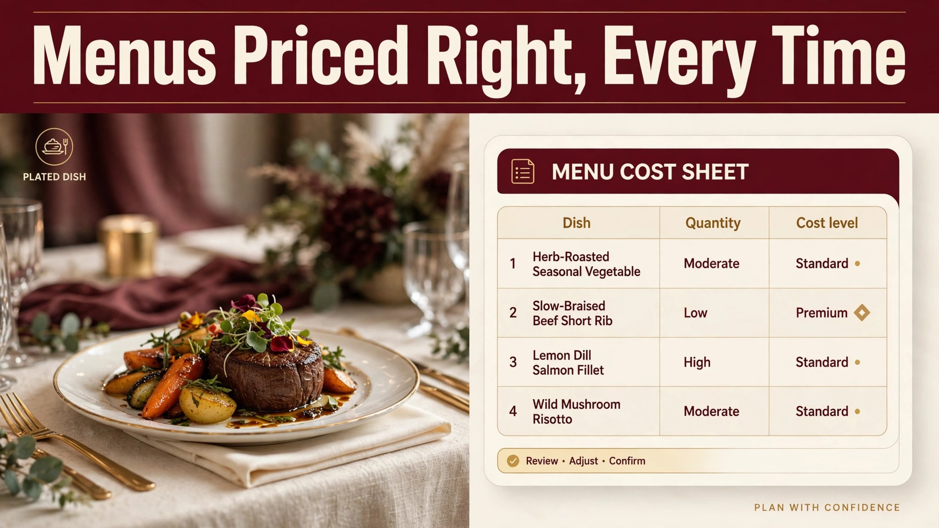 use AI for catering company menu planning thumbnail: Catering company menu planning thumbnail showing a dish beside a cost sheet