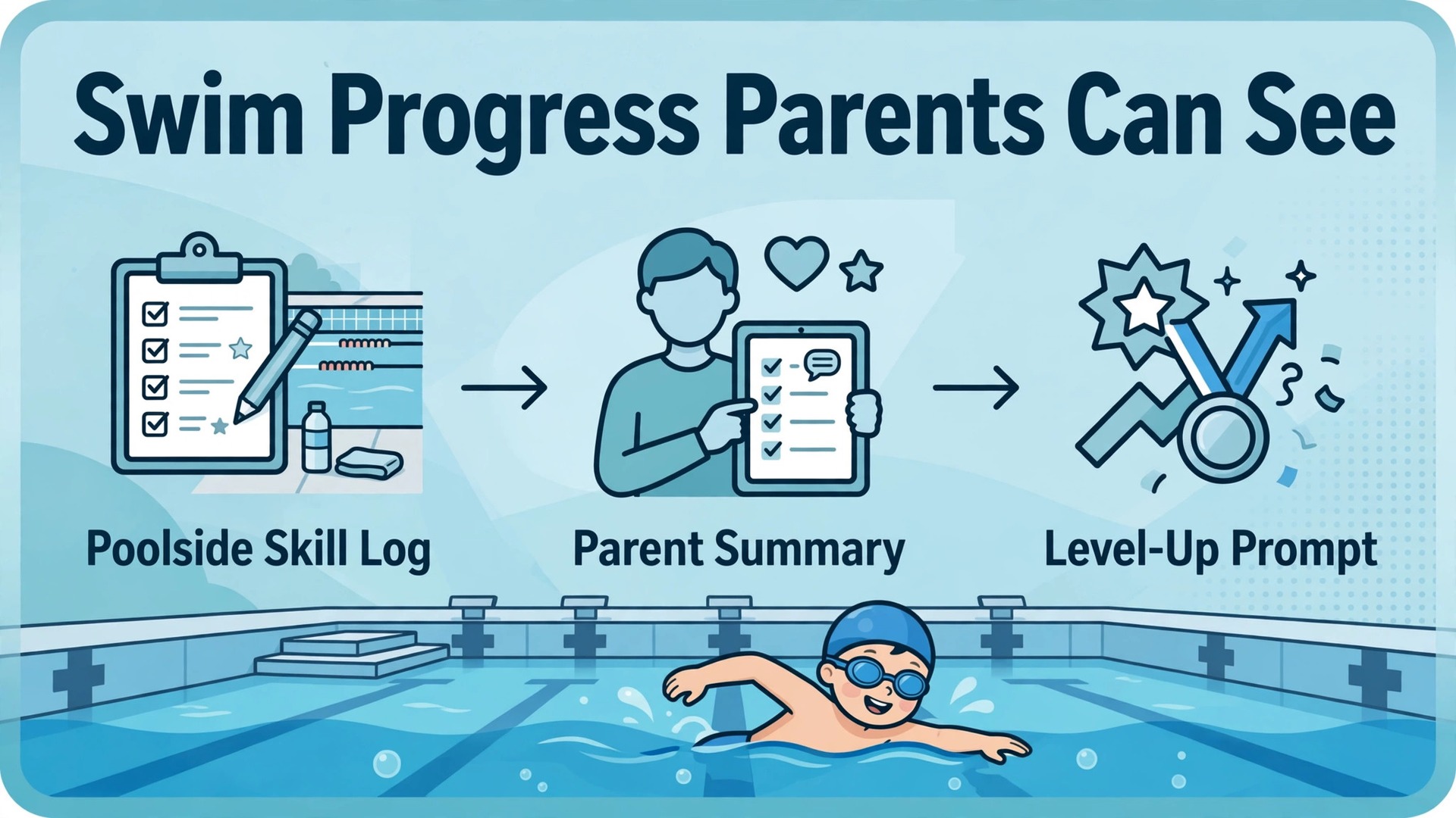 use AI for swim school progress reporting thumbnail: step flow from poolside skill log to parent summary to level-up prompt with bold title text