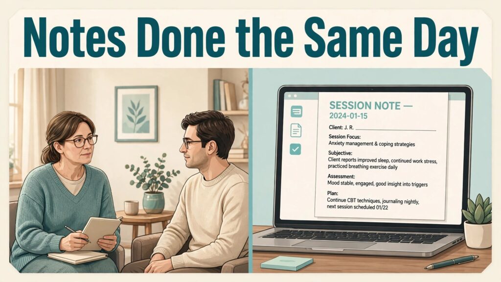 use AI for therapist session note summaries thumbnail: Therapist session note summaries thumbnail showing a session beside a drafted note