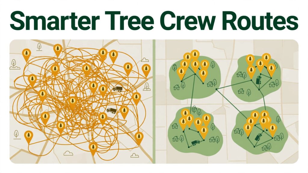 use AI for tree care crew route optimization thumbnail: split view of a scattered route beside a clustered route with crew trucks and bold title text