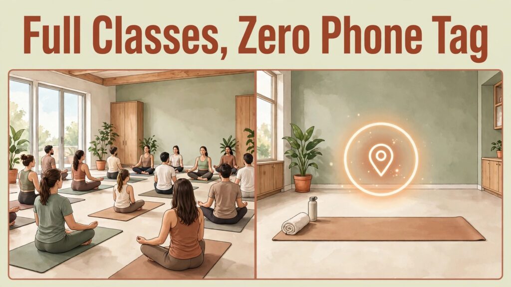 use AI for yoga studio waitlist management thumbnail: Yoga studio waitlist management thumbnail showing a full class beside an empty mat