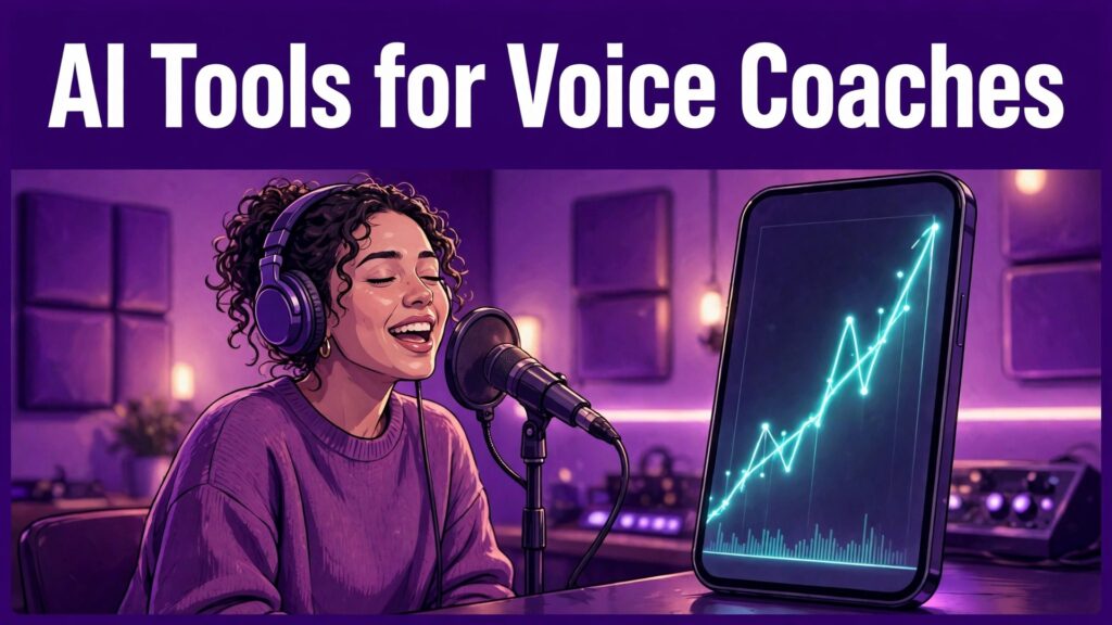 AI tools for voice coaches small business thumbnail: AI tools for voice coaches thumbnail showing a singer and pitch feedback