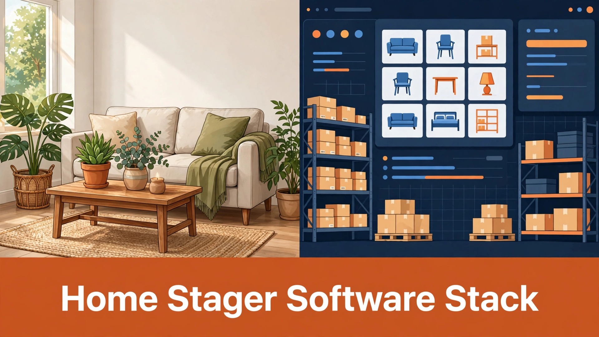 software stack for home stagers small business thumbnail: Software stack for home stagers thumbnail showing a staged room and inventory screen