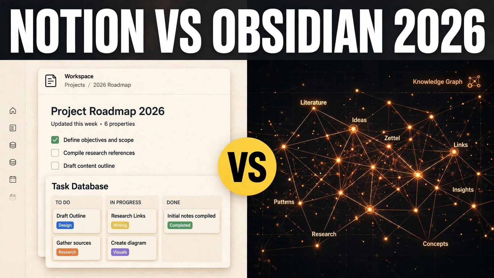 Notion vs Obsidian in 2026, head to head comparison of notes apps