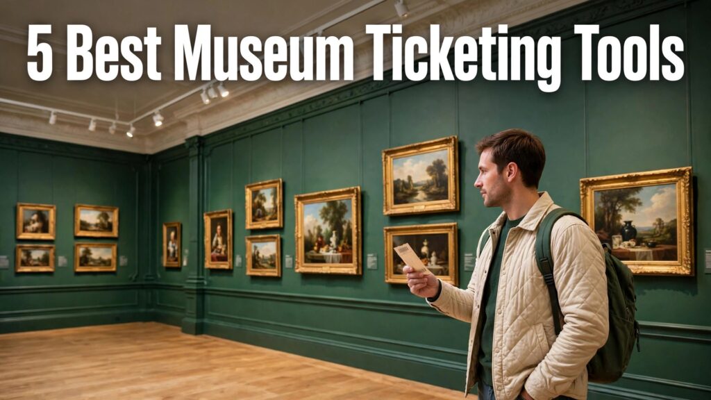 best ticketing software for small museums thumbnail: hook-first single panel with bold title text reading "5 Best Museum Ticketing Tools"