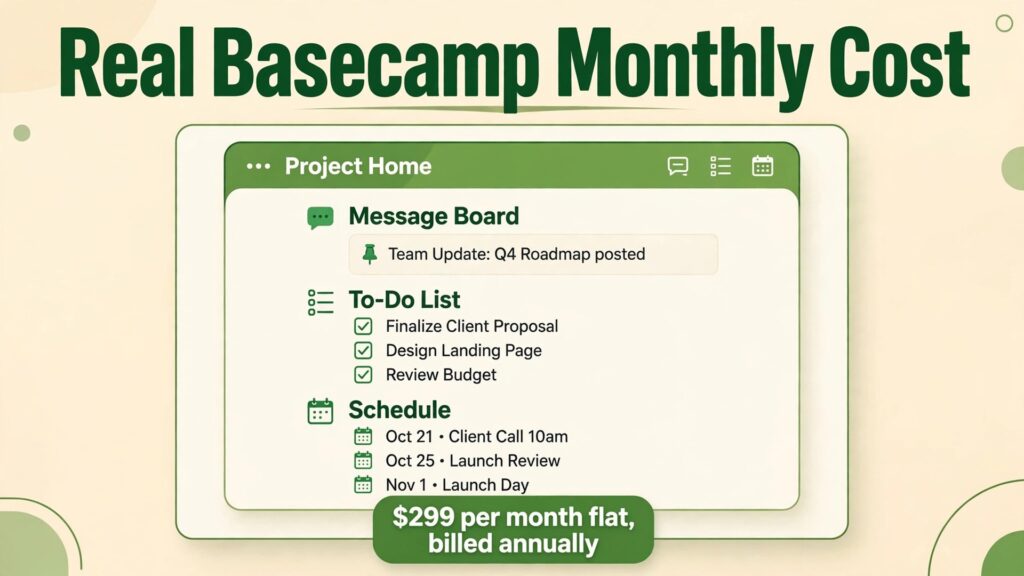 cost of Basecamp for small business monthly thumbnail: Basecamp monthly cost mockup for small business