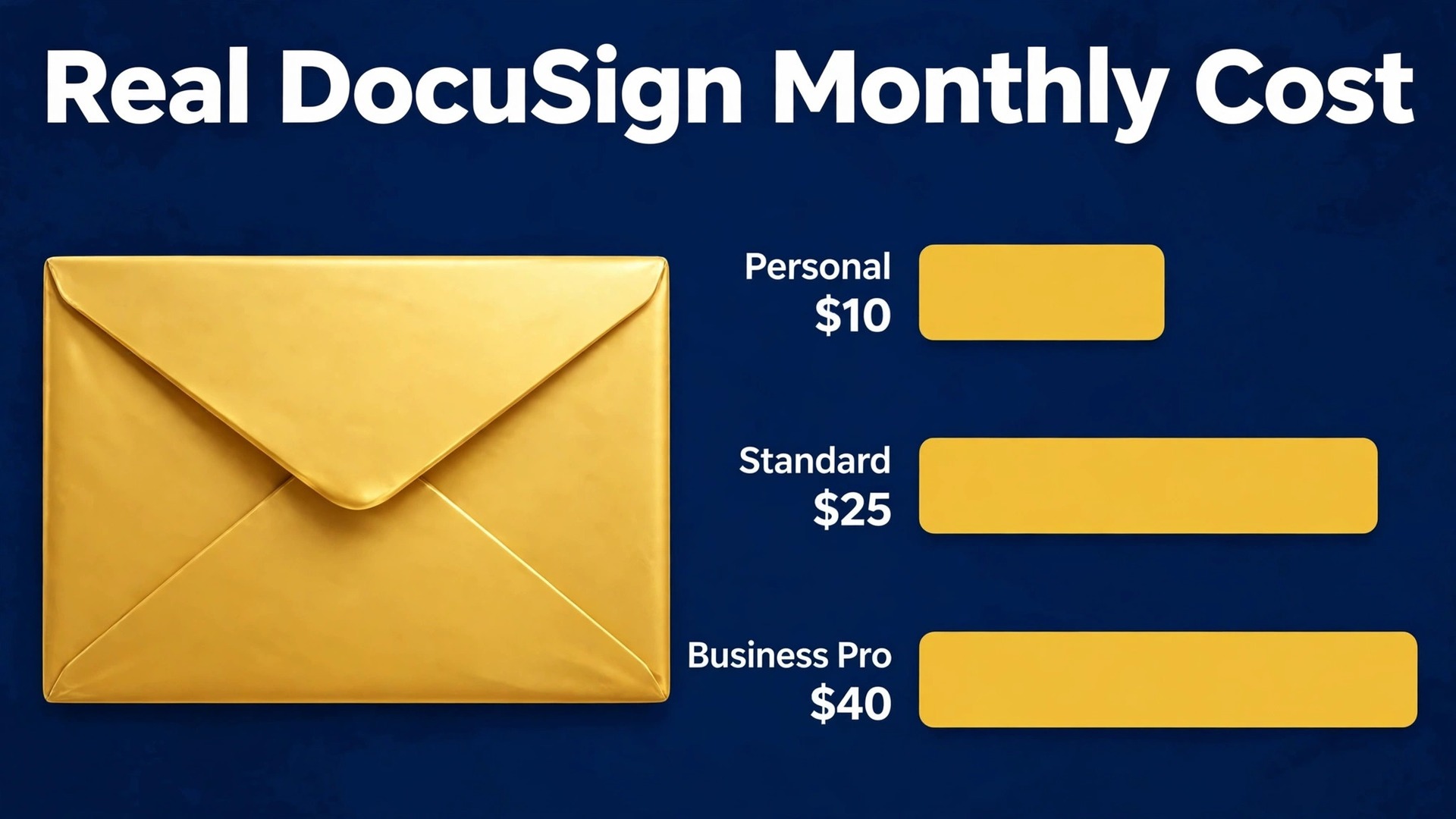 cost of DocuSign for small business monthly thumbnail: comparison concept with bold title text reading 'Real DocuSign Monthly Cost' and envelope bars