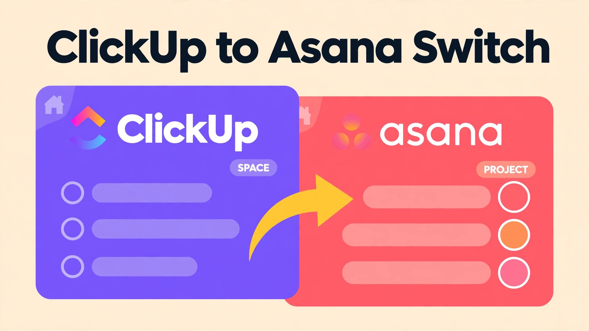 switch ClickUp to Asana small team thumbnail: ClickUp space next to an Asana project showing the same team tasks