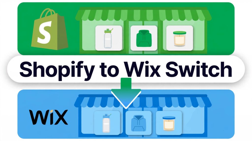 switch Shopify to Wix small store thumbnail: Shopify storefront next to a Wix storefront showing the same small store products