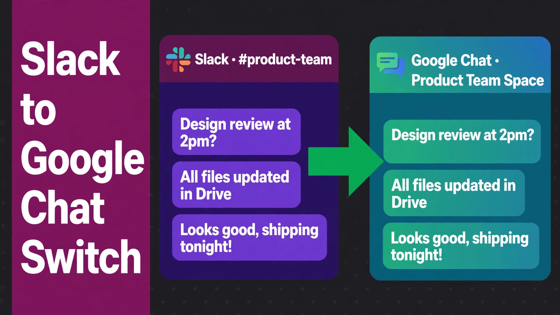 switch Slack to Google Chat small team thumbnail: Slack channel next to a Google Chat space showing the same team conversation
