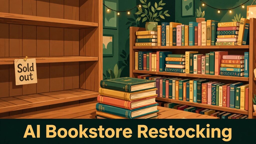 use AI for bookstore inventory replenishment thumbnail: Empty shelf compared with a full bookstore shelf