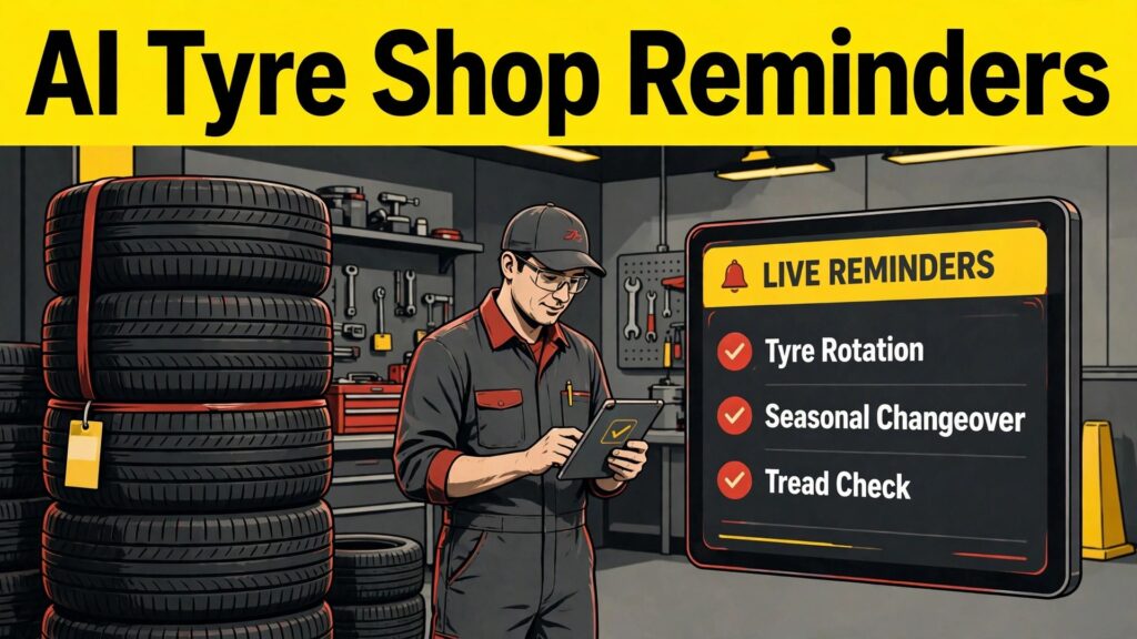 use AI for tire shop service reminders thumbnail: Comparison of a forgotten diary and a live tyre reminder dashboard