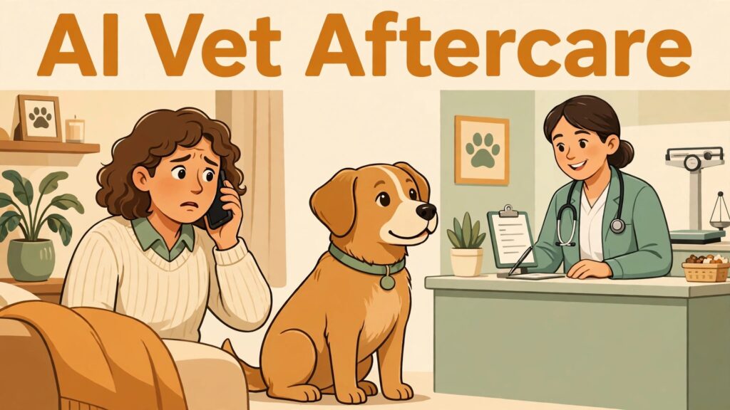 use AI for veterinary clinic aftercare follow up thumbnail: Owner at home compared with clinic aftercare check-in