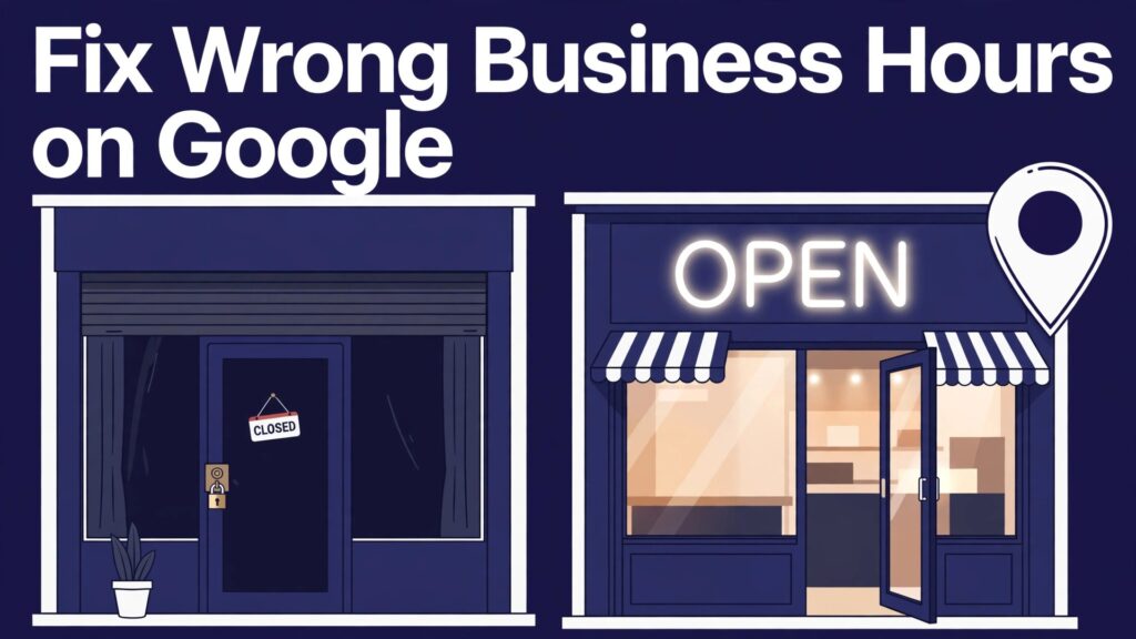 fix Google Business Profile hours wrong small business thumbnail: Locked door compared with an open shop showing correct hours