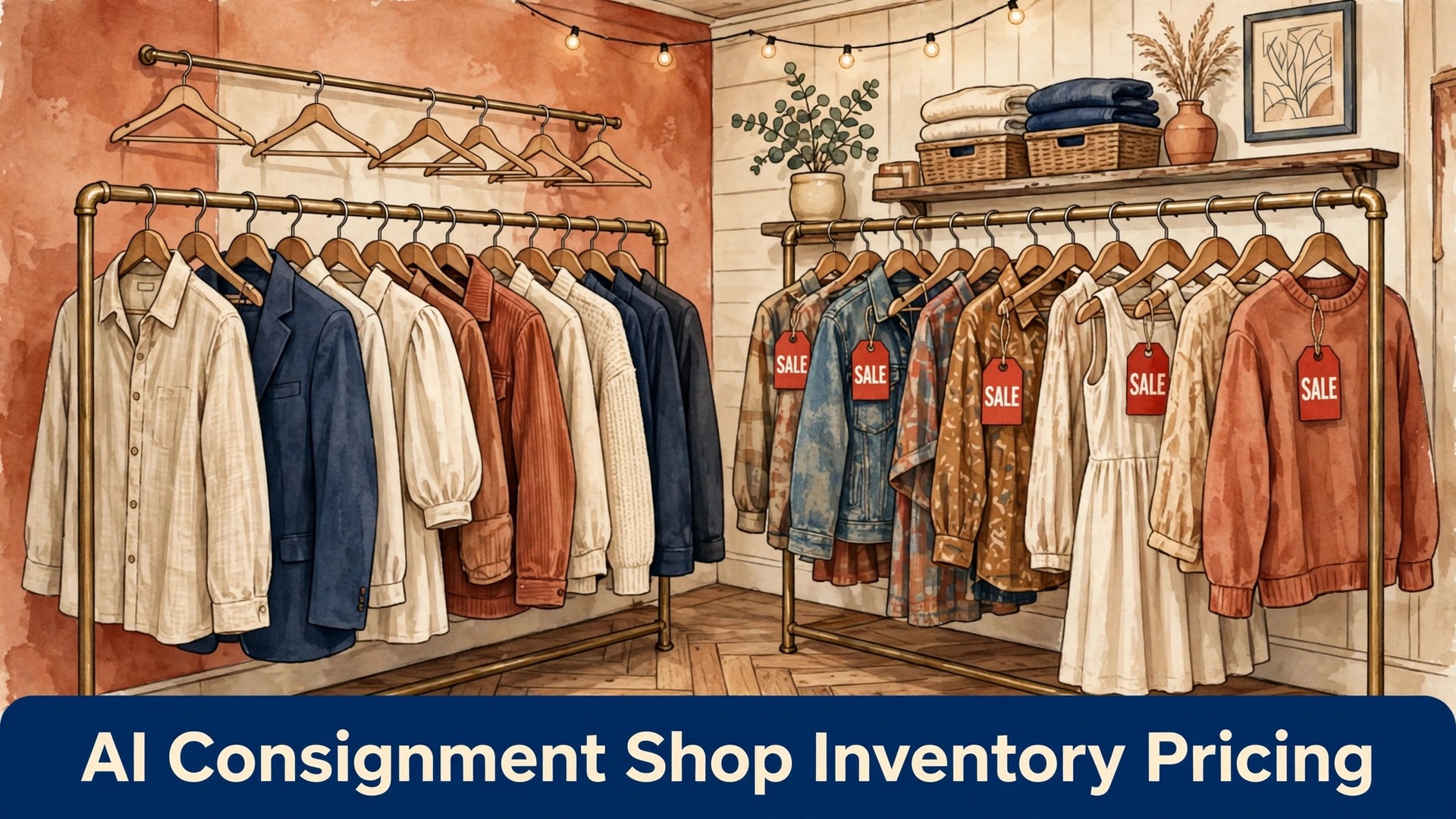 use AI for consignment shop inventory pricing thumbnail: Side by side of a full price rail and a markdown rail in a consignment shop