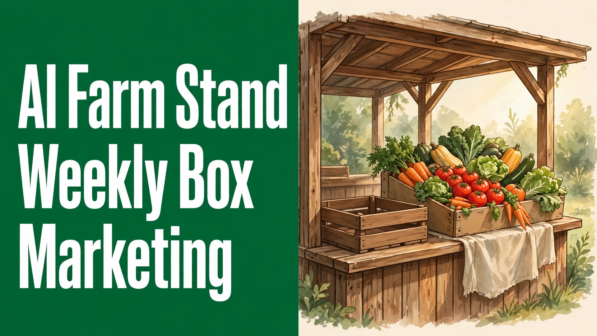 use AI for farm stand weekly box marketing thumbnail: Weekly farm box filled with fresh produce on a farm stand