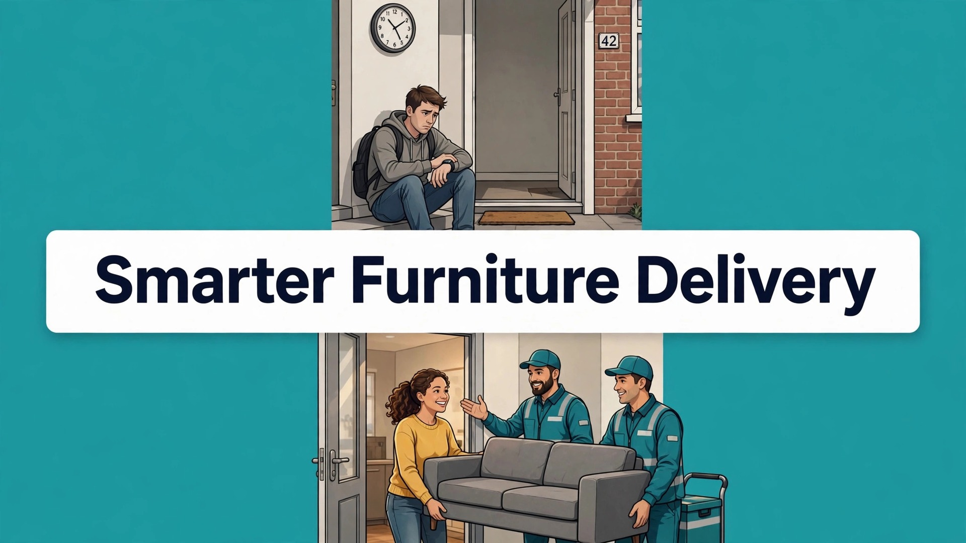 use AI for furniture store delivery scheduling thumbnail: Customer waiting all day compared with a confirmed delivery window greeting