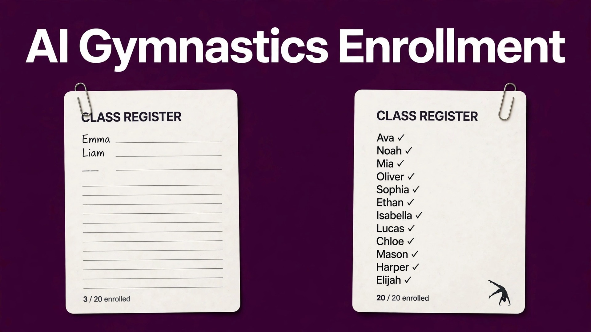 use AI for gymnastics studio enrollment management thumbnail: Empty class register compared with a full gymnastics class register