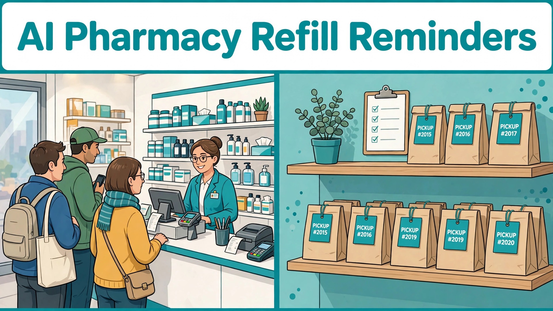 use AI for pharmacy refill reminders thumbnail: Side by side of a busy pharmacy counter and a calm prepared order shelf